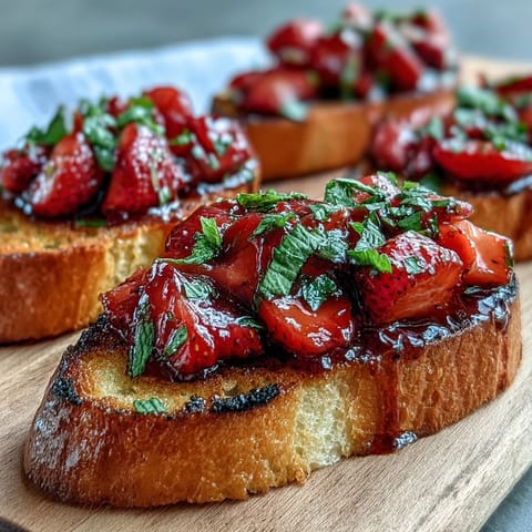Fresh Strawberry Bruschetta with Balsamic and Mint: golden baguette slices topped with juicy strawberries, mint, and tangy balsamic drizzle.