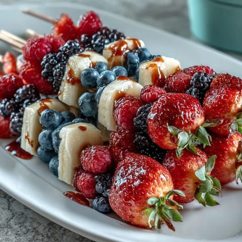 Festive Fourth of July fruit skewers with strawberries, bananas, and blueberries in patriotic red, white, and blue colors.