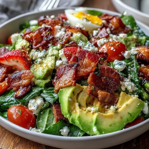 Spring Cobb Salad with Strawberries and Avocado: A colorful medley of fresh greens, juicy strawberries, creamy avocado, and tangy feta, drizzled with balsamic dressing.