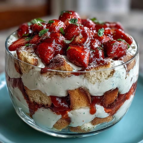 Layered Mothers Day strawberry shortcake trifle with fresh berries and whipped cream in a glass bowl.