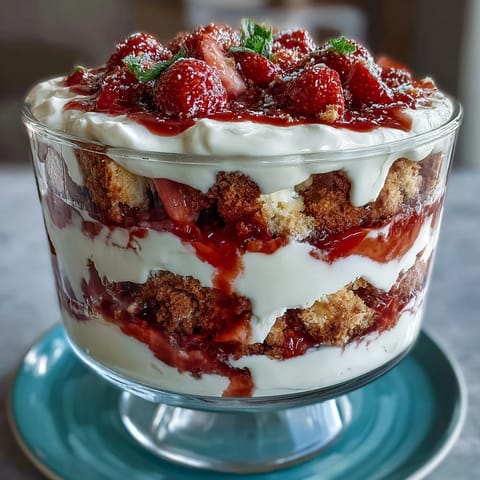 Elegant Mothers Day strawberry shortcake trifle featuring golden shortcake cubes, juicy berries, and fluffy whipped cream.