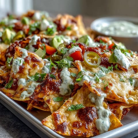 Soccer Game Day Nachos with Cheese Sauce: Crispy tortilla chips smothered in creamy cheddar-Monterey Jack cheese sauce, topped with fresh jalapeños, tomato, and cilantro for a crowd-pleasing snack.