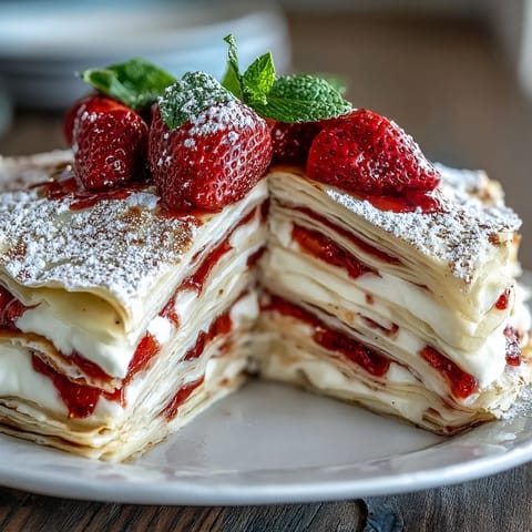 A stunning layered strawberry crepe cake with fresh berries and silky vanilla cream filling.