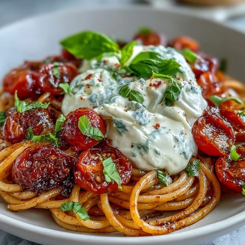 Creamy Caprese pasta with burrata cheese, cherry tomatoes, and fresh basil leaves in a rustic bowl.
