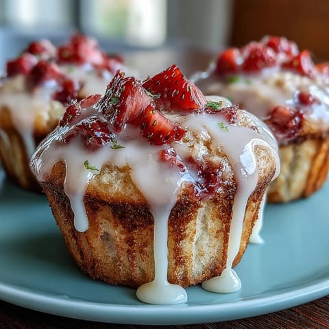 Fluffy muffins filled with juicy strawberries and fresh lemon zest, drizzled with a sweet-tart citrus glaze.  