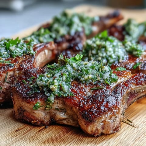 Juicy lamb chops grilled to perfection, topped with vibrant mint gremolata for a fresh Mediterranean flavor.