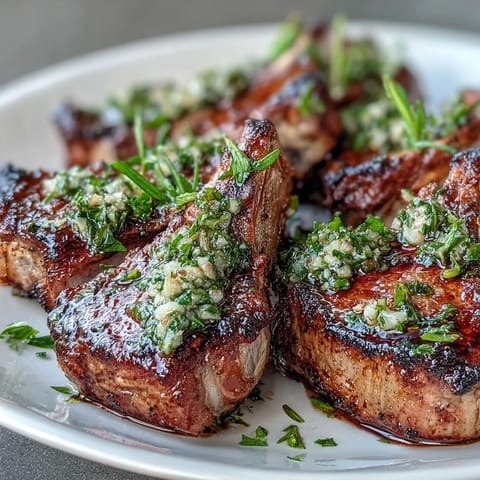 Tender lamb chops with aromatic rosemary marinade, served alongside zesty mint gremolata bursting with lemony brightness.
