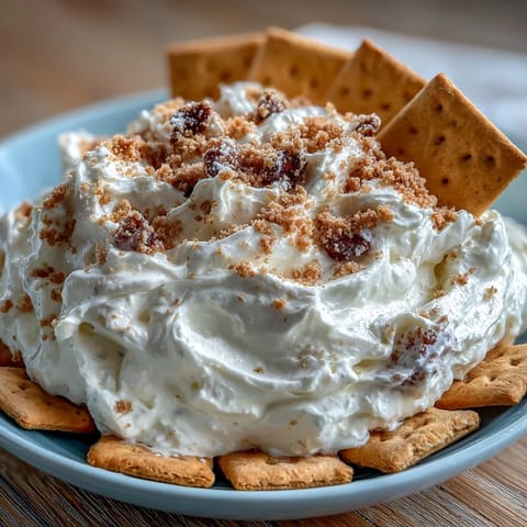 Creamy cheesecake dip swirled with powdered sugar, ready for dipping with crunchy graham crackers.