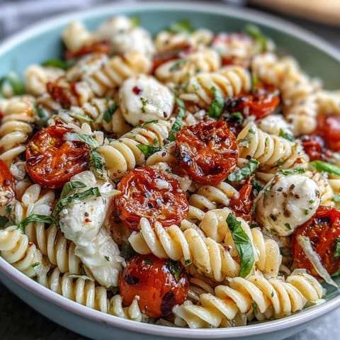 Vibrant summer pasta salad with cherry tomatoes, mozzarella, and fresh basil, drizzled with balsamic glaze.