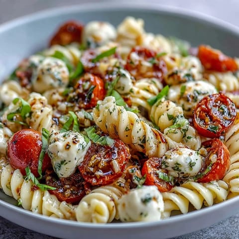 Caprese-style pasta salad featuring juicy tomatoes, creamy mozzarella, and fragrant basil in every bite.