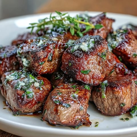 One-pan garlic herb steak bites sizzling in a cast iron skillet with fresh parsley and thyme.