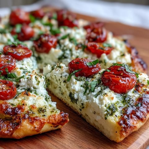 Viral Cottage Cheese Flatbread with Pesto and Tomato topped with vibrant basil pesto and juicy cherry tomatoes.