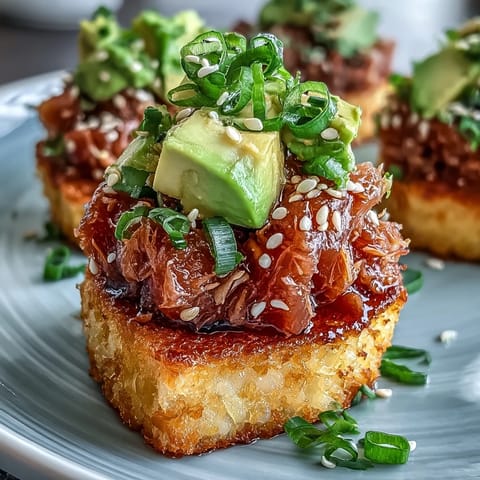Vibrant crispy rice salad featuring spicy tuna, fresh cucumber, and sesame-dressed avocado for bold Japanese fusion flavor.