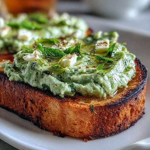 Fresh fava bean and mint bruschetta on grilled sourdough, a vibrant vegetarian appetizer with bright spring flavors.  