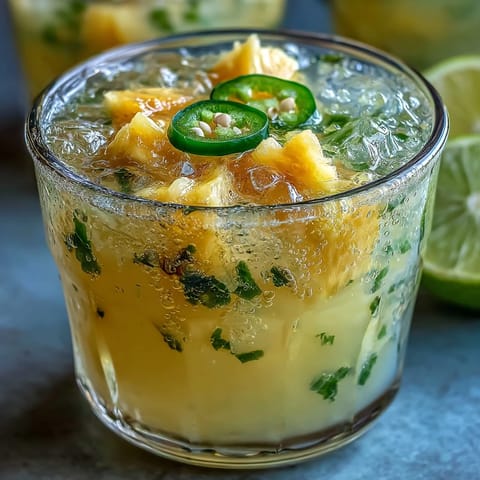 Refreshing pineapple jalapeño agua fresca with vibrant tropical fruit and a spicy kick, served over ice with lime.