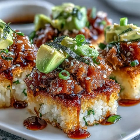 Crispy rice salad with avocado and spicy tuna, golden-fried and topped with creamy avocado and zesty tuna.
