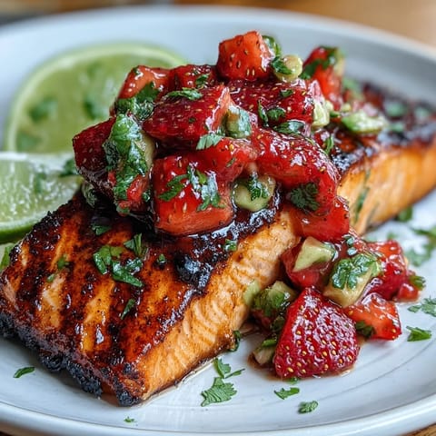 Grilled salmon fillets topped with fresh strawberry avocado salsa, a vibrant and healthy summer dish bursting with color and flavor.