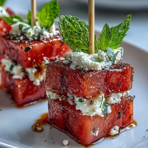 Watermelon Feta Bites featuring bright cubes and fresh mint, perfect for parties.