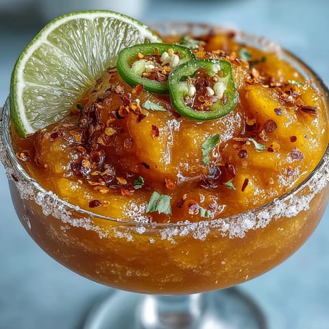 Chilled Fruity Spicy Mango Margarita Slushie with beautiful ice crystals, perfect for a hot day.