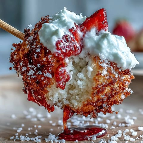Delectable mini strawberry shortcake bites on a skewer, a colorful dessert.