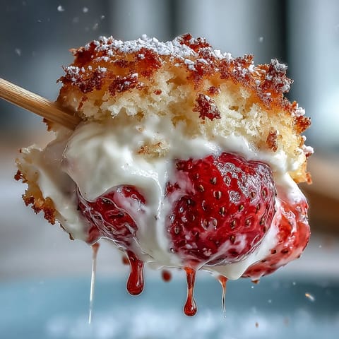 Fluffy shortcake, juicy strawberries, and sweet cream stacked on skewers.