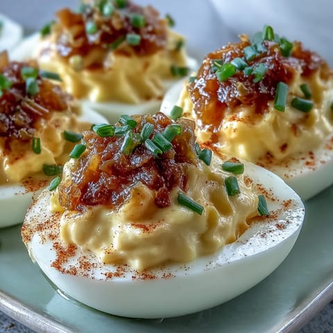 Closeup of sweet pickle relish deviled eggs garnished with paprika.