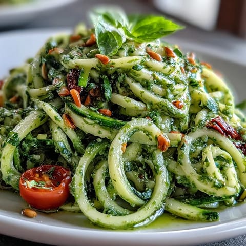 Fresh Zucchini Noodles and rich Avocado Pesto, perfect for a quick, healthy lunch.