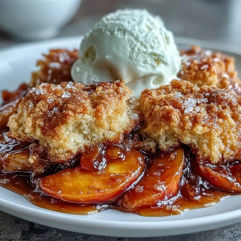 Golden peach cobbler with fluffy biscuit topping, a warm Southern summer dessert delight.