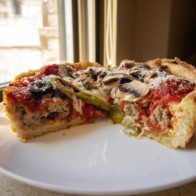 Golden-brown deep dish pizza loaded with cheese, pepperoni, and fresh vegetable toppings.