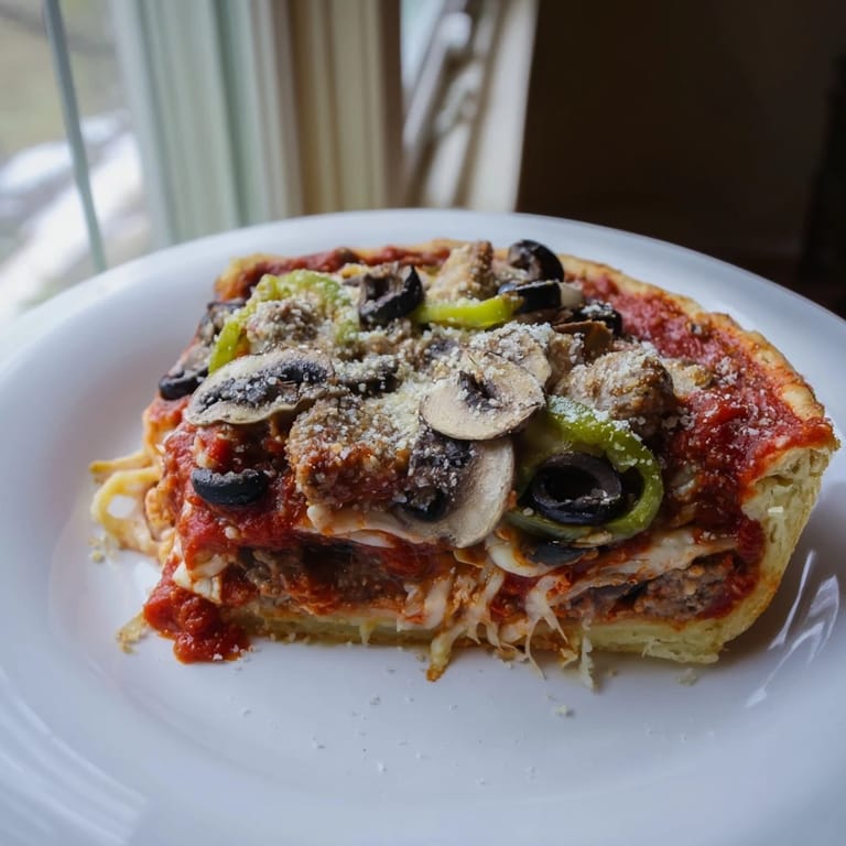 A close-up of a Chicago-style deep dish pizza slice, oozing with melted cheese and sauce.