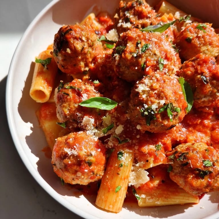 Close-up of baked turkey meatballs in a simmering tomato sauce, perfect for a cozy dinner.