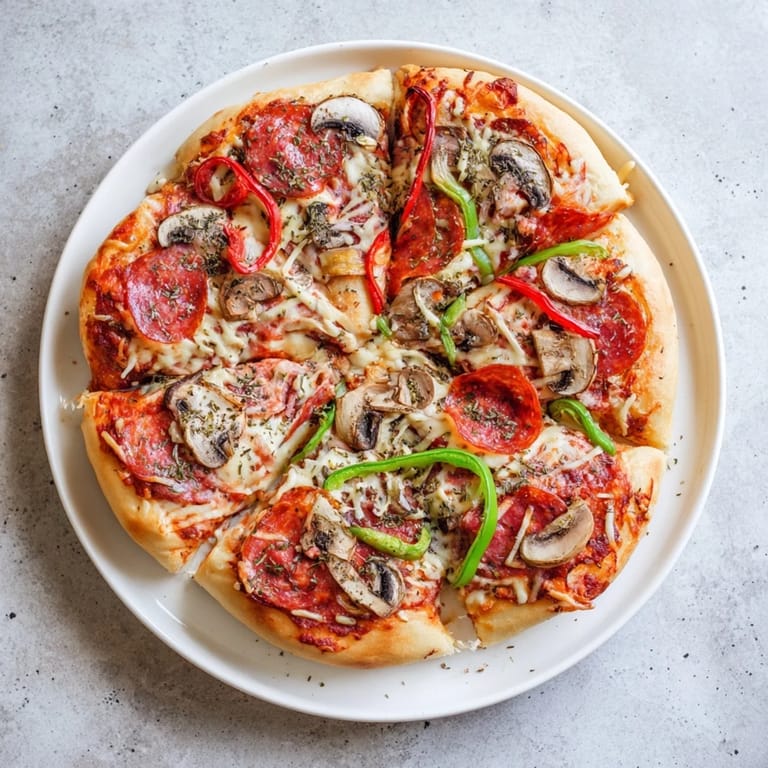 Bubbling pepperoni and vegetable toppings on a cheesy, restaurant-style stuffed crust pizza, ready to serve.