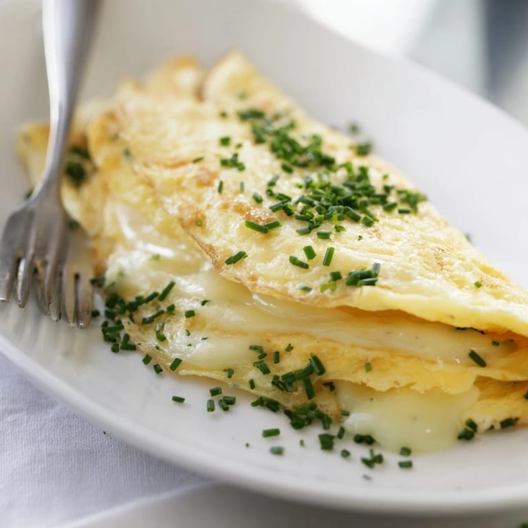 Golden-brown fluffy omelet with cheese oozing out, served hot on a white plate.