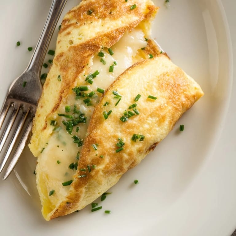 Golden-brown fluffy omelet with cheese oozing out, served hot on a white plate.