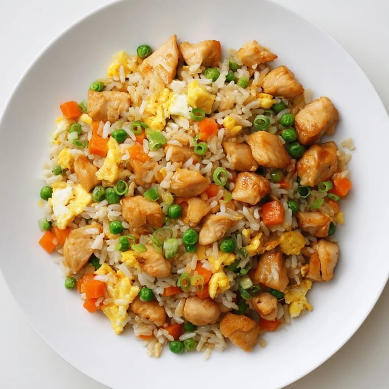 Fragrant jasmine rice tossed with tender chicken, scrambled eggs, and colorful vegetables in a savory sauce.