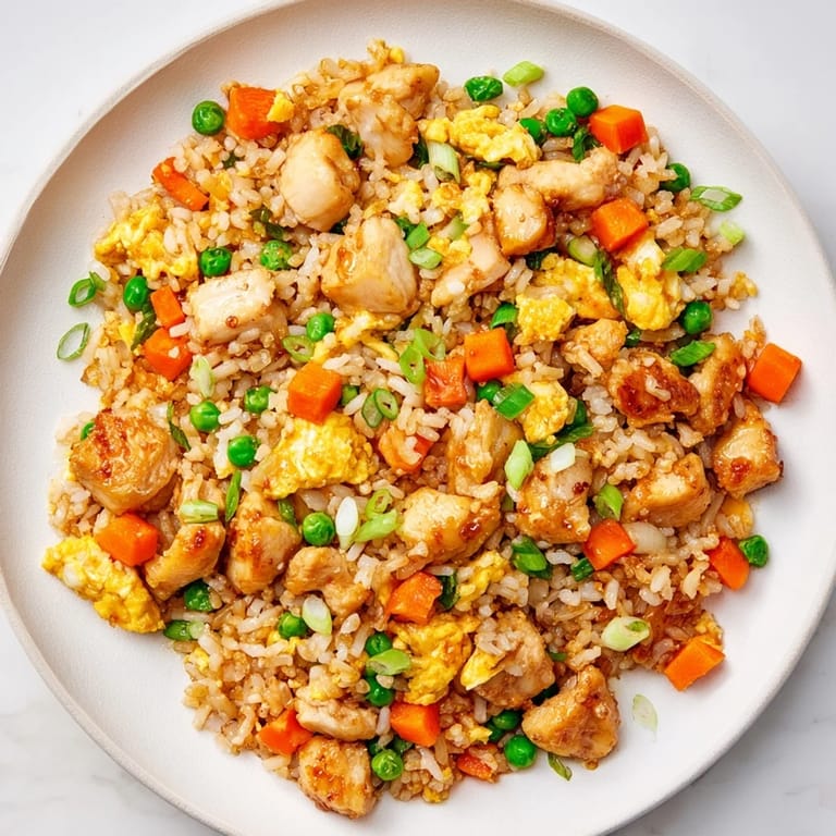 Hearty homemade chicken fried rice served steaming hot, garnished with fresh sliced green onions.