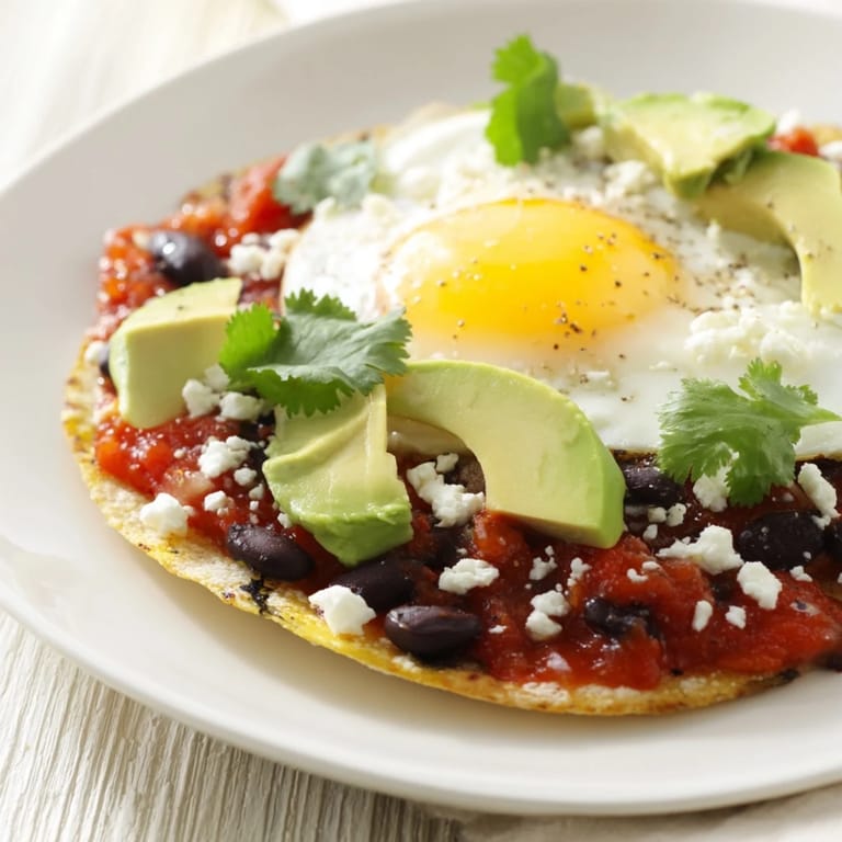 A close-up view of a hearty plate of Huevos Rancheros, featuring warm tortillas layered with black beans, a fried egg, and a spoonful of spicy homemade ranchero sauce.