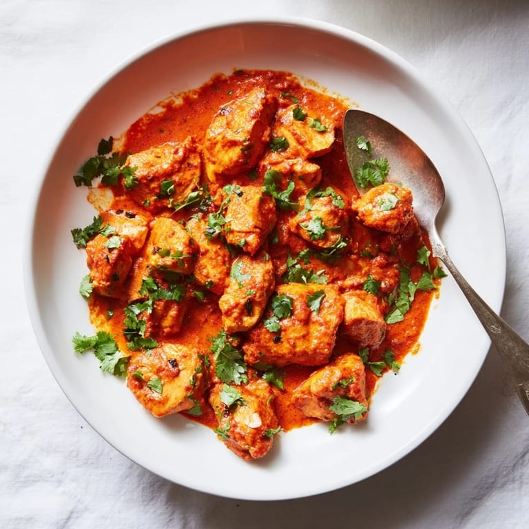 Spoon lifting creamy Chicken Tikka Masala sauce, revealing tender chicken and rich tomato and cream base.