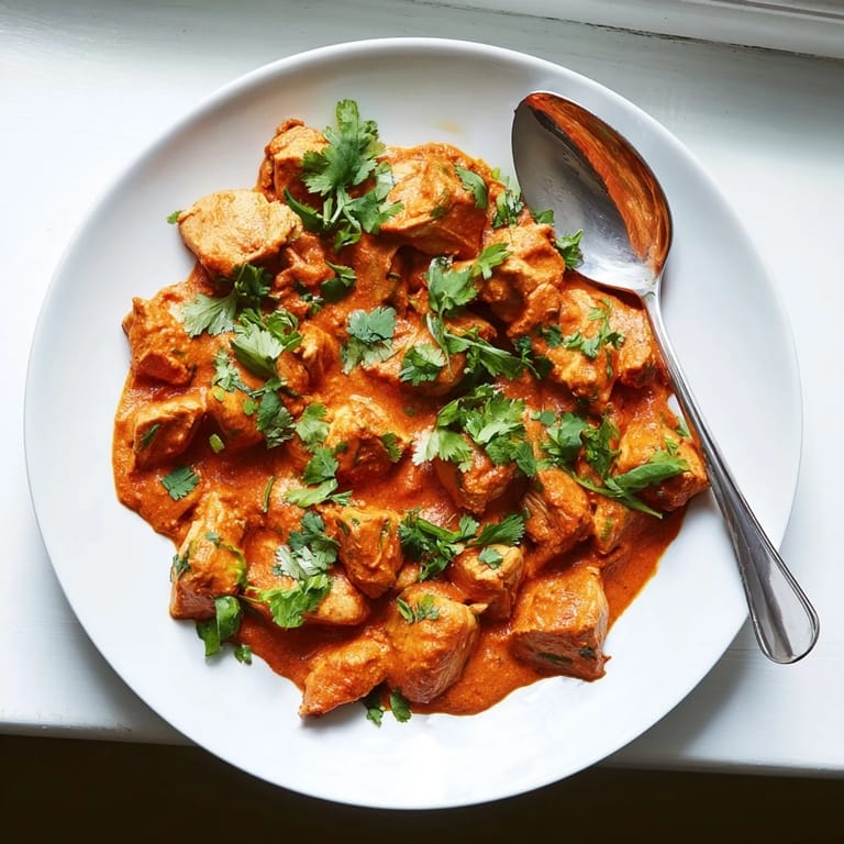 Chicken Tikka Masala served in a white bowl with naan and lime wedges, ready to enjoy.