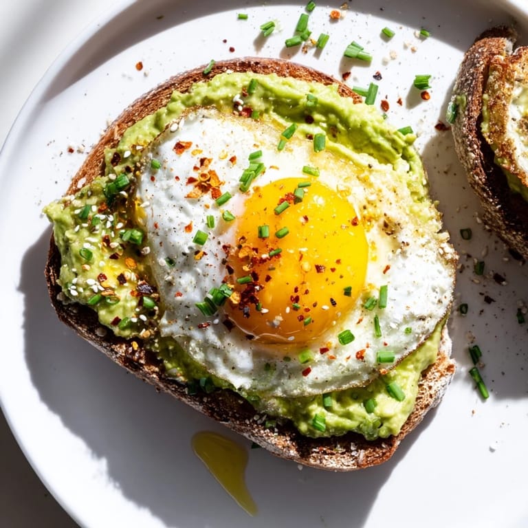 Creamy smashed avocado spread over toasted sourdough bread, garnished with chives and olive oil.