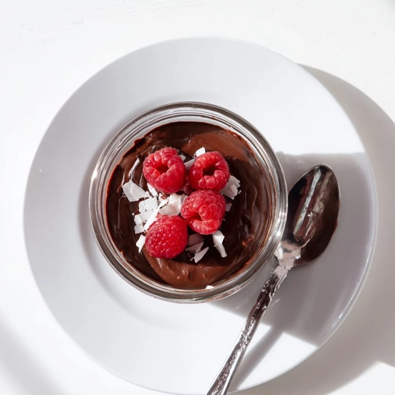Rich chocolate pudding in a small ramekin, garnished with fresh berries for a colorful, sweet finish.