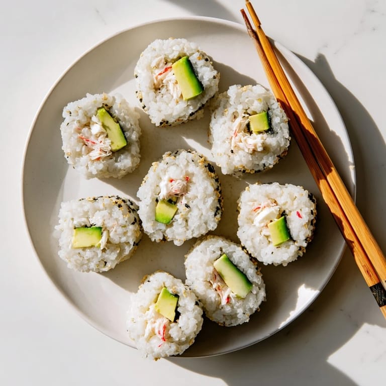 Perfectly rolled California Roll pieces served with pickled ginger and a small bowl of soy sauce for dipping. 