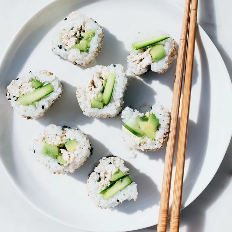 Homemade California Roll close-up highlighting crisp cucumber, seasoned sushi rice, and nori wrapped around the savory filling.