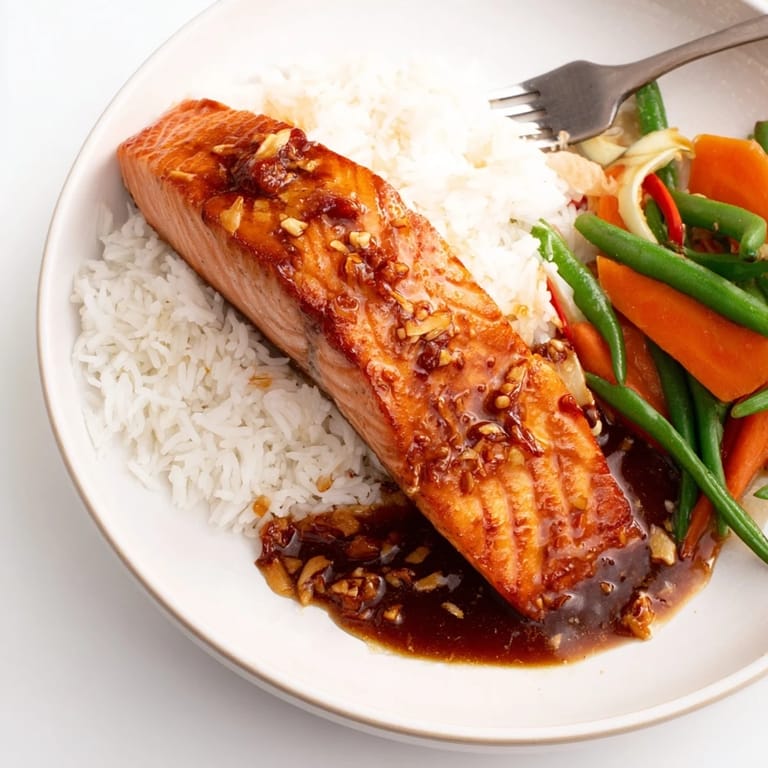 A close-up of beautifully cooked honey garlic salmon, with visible garlic bits and a thick sauce.