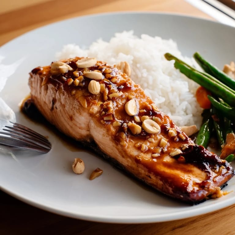 Flaky, tender honey garlic salmon fillets, coated in a savory glaze, beside fluffy white rice.