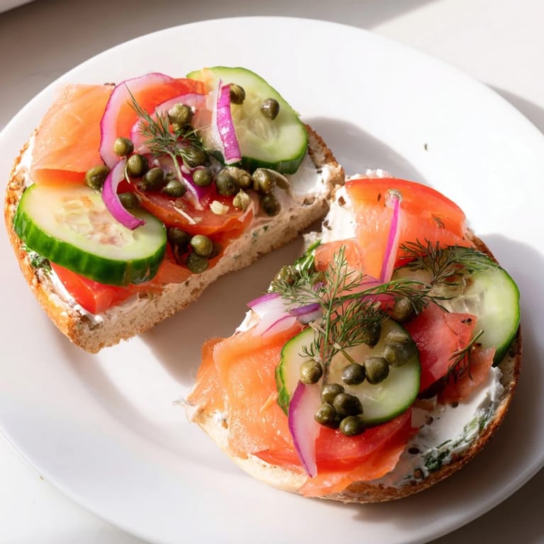 Warm toasted bagel topped with creamy cream cheese, smoked salmon, capers, and red onion slices.
