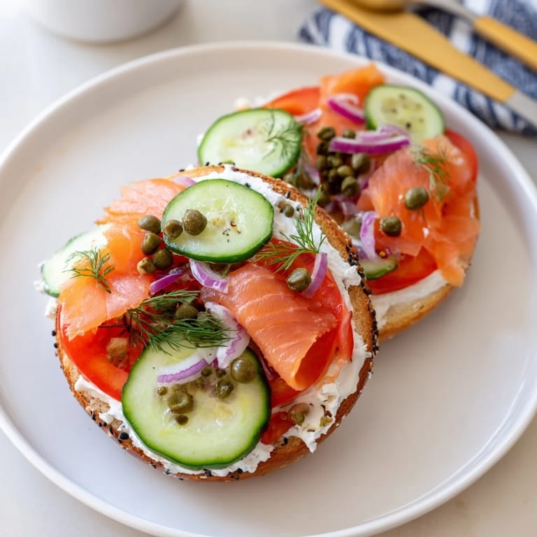 A toasted sesame bagel generously slathered with cream cheese, garnished with ripe tomato and black pepper.
