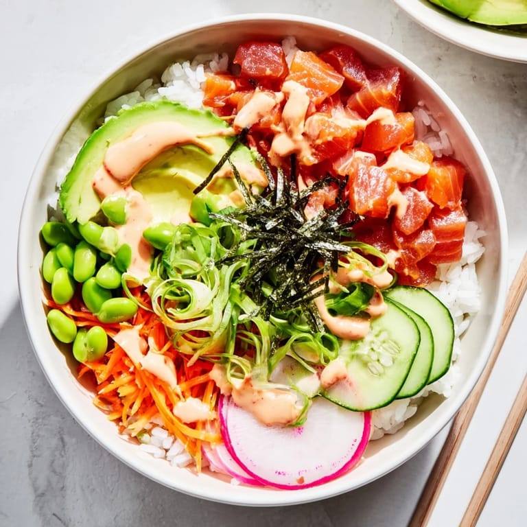 Quick 40-minute dinner: A beautiful Hawaiian-inspired poke bowl with marinated fish, crunchy veggies, and sesame seeds.