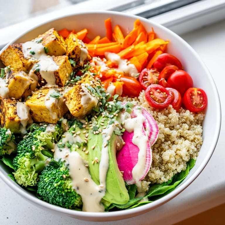Sesame seeds and fresh herbs garnish a hearty Buddha Bowl filled with tofu, radishes, and pickled onions, ready to serve for dinner.
