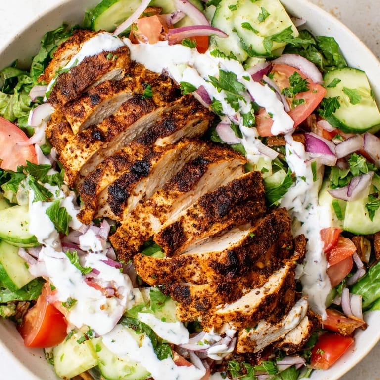 A vibrant chicken Shawarma Salad with colorful vegetables and grilled meat, perfect for an easy gluten-free main dish.